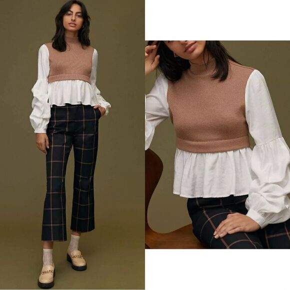 NEW Anthropologie Ruffled Layered Mock Neck Top Sweater - Picture 1 of 10